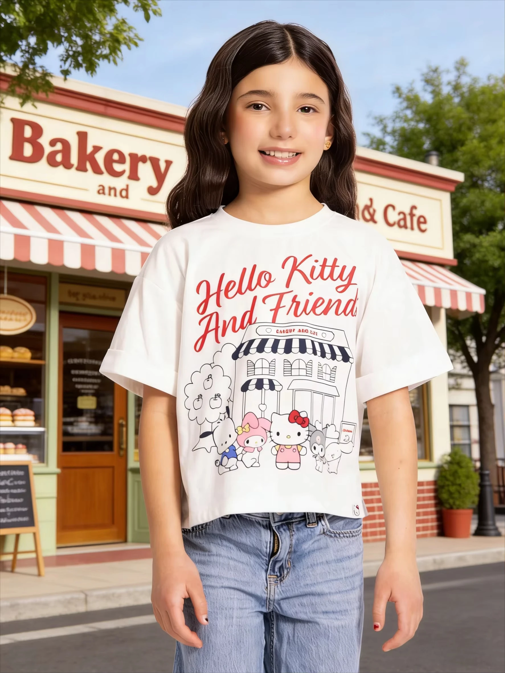

2026 new Summer HelloKitty Cute Print Tee, Casual Short Sleeve Cotton Tops for Adults Kids, Sweet Kawaii Style Daily Outfit