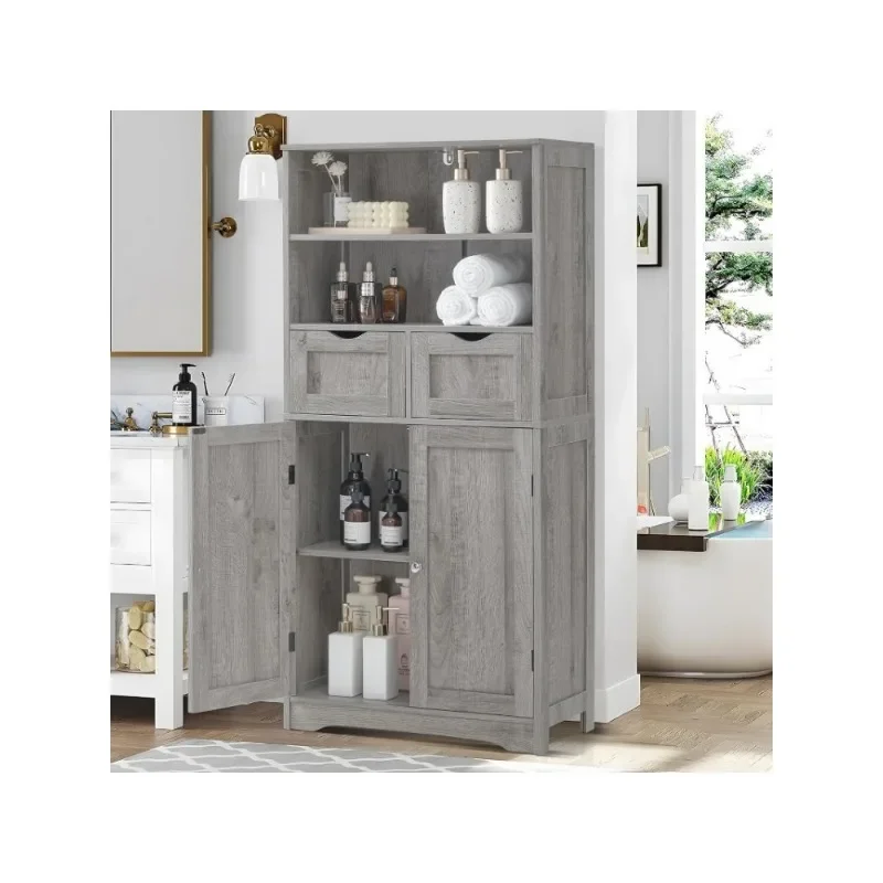 Tall Bathroom Cabinet, Storage Cabinet with 2 Drawers & Adjustable Shelves, Bathroom Floor Cabinet