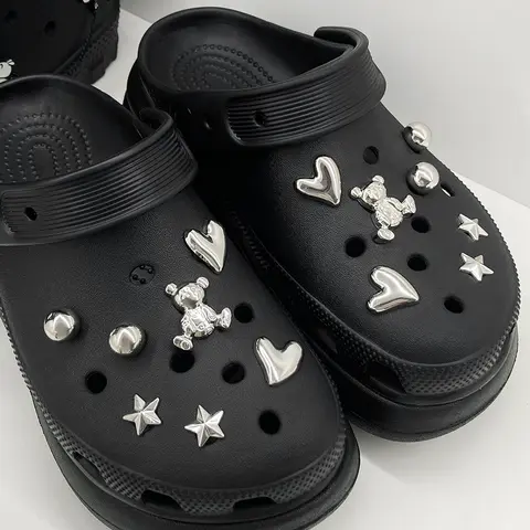 14pcs Silvery Style Cute Bear Heart Charms Detachable Shoe Decorations Suitable For Crocs Clogs Bogg Beach Bag Gift Idea