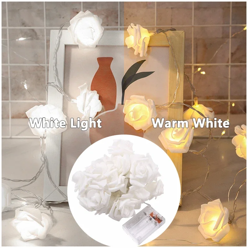 Rose Flower Fairy String Lights 2M 20 LEDs + 3AA Battery Operated Box ON/OFF , Simulation flower Wedding Lights 6.5ft White Warm