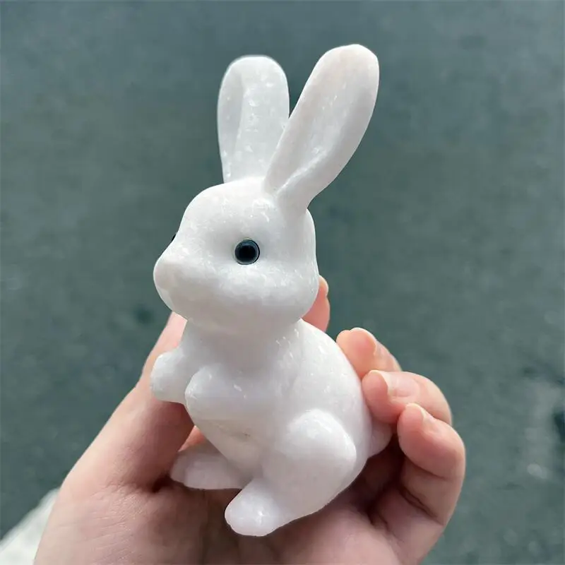 Natural Marble Jade Rabbit Carving Animal Crafts Healing Crystal Stone Feng Shui HomeDecoration Gift 1PCS