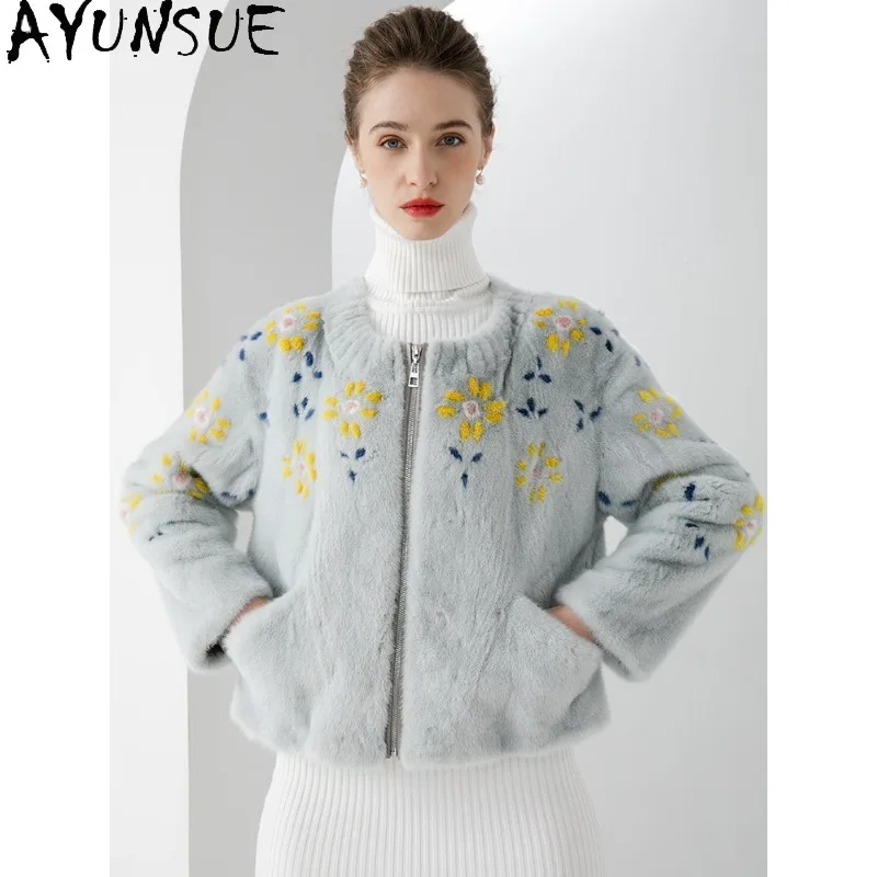 AYUNSUE, abrigos de piel de visón enteros con etiqueta púrpura para mujer, Chaqueta corta de piel, prendas de vestir exteriores de invierno, abrigo de piel elegante, ropa de mujer 옷 자