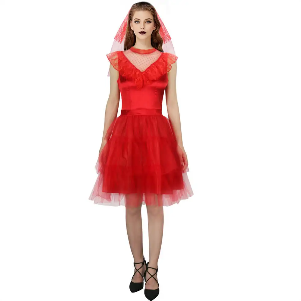 

Lydia Deetz Little Red Dress With Veil Tull Wedding Gown Halloween Party Cosplay Costume Fancy Dress Takerlama