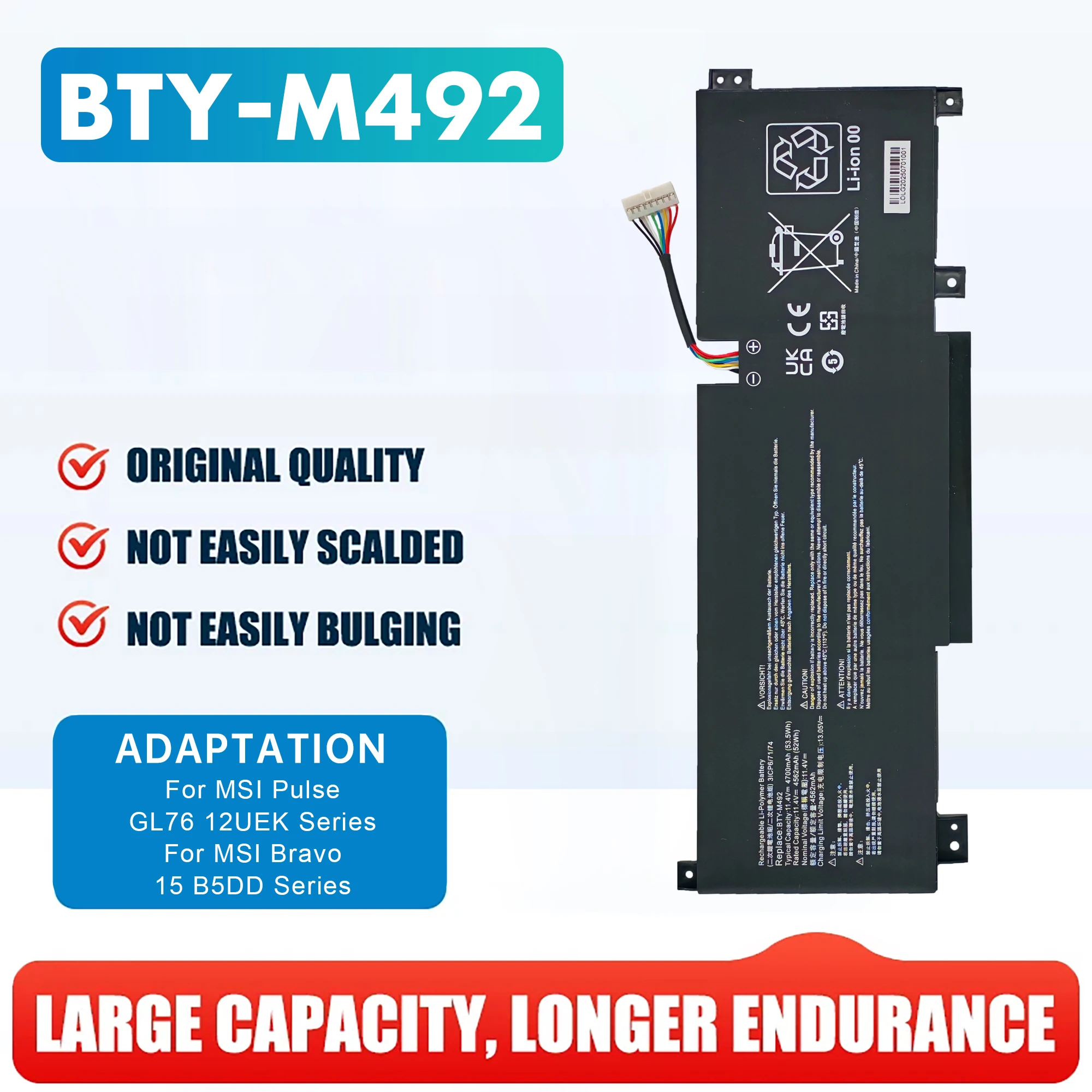 BTY-M492 (blanc) pour Msi Bravo C7VF furtif A13VF-021UK épée 15 A13V A11UE A11UG Cyborg 15 A12VF CrosshAir 17 A11UCK A11UDK