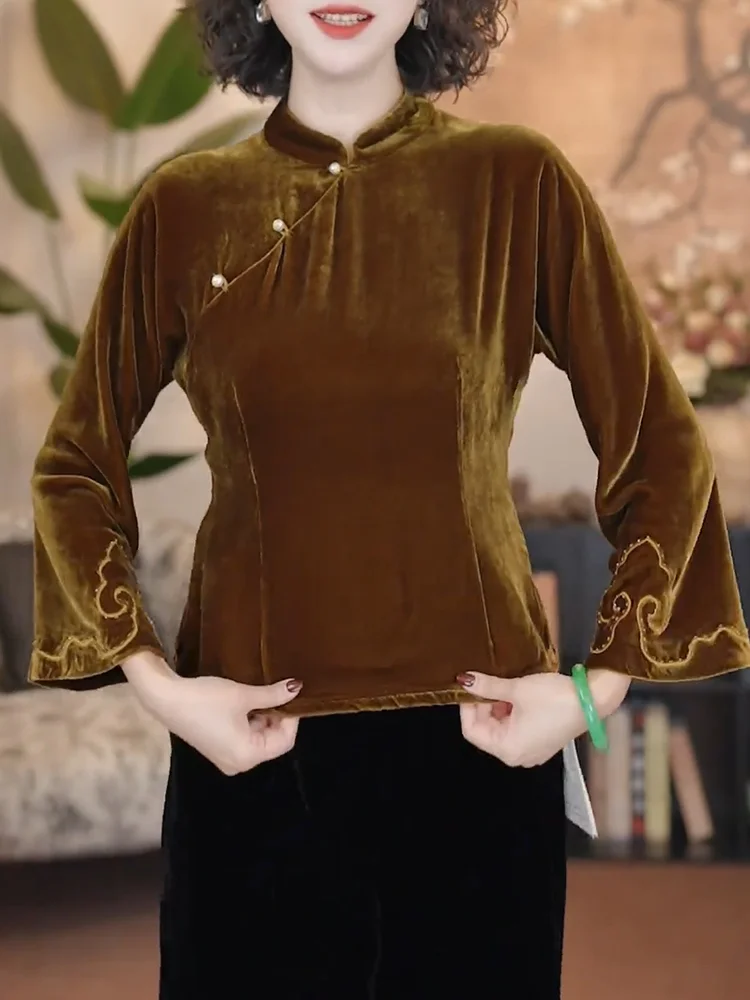

New Chinese Sle Velvet irt Stand Collar Long Sve Faionable plus Size Versatile Slimming Top for Women Autumn 2025