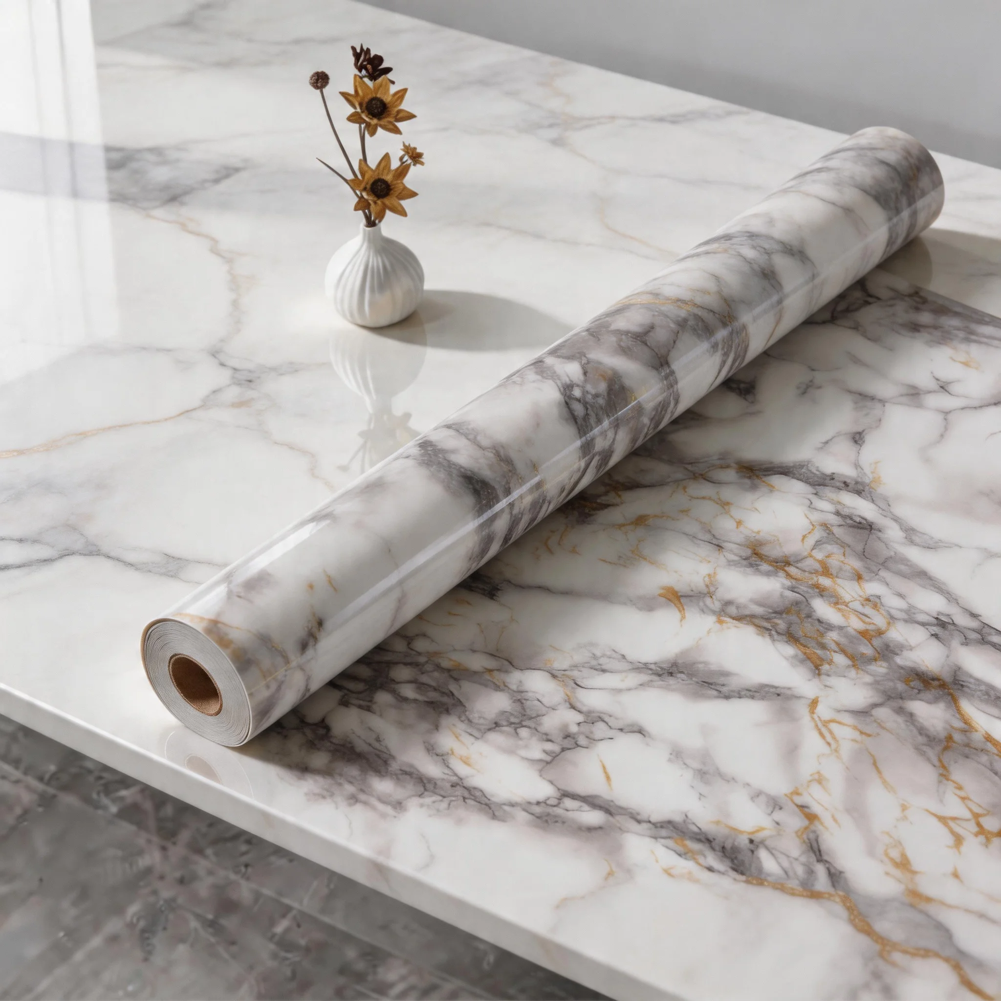 55 Width Waterproof Self Adhesive Marble Sticker Door Cabinet Desktop Modern Furniture Renovation Peel and Stick Wallpaper