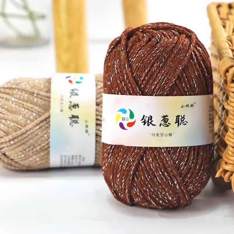

50g Silver Wire Sparkling Hollow Cotton, 2.5mm Milk Cotton Yarn Linen Thread Hand Woven DIY Bag,Hat,Blanket,Scarf Crochet Thread