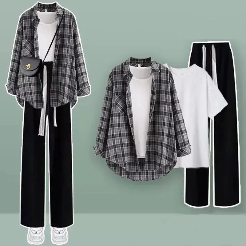 Casual Wide Leg Pants Three Piece Set Elegant Women\'s Pants Set Tracksuit Checkered Patchwork Chiffon Shirt White T-shirt Blouse