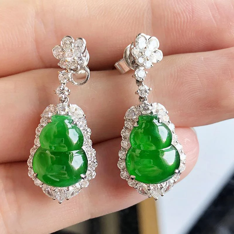 New natural high ice transparent glass emperor green gourd earrings elegant charm creative retro female silver jewelry