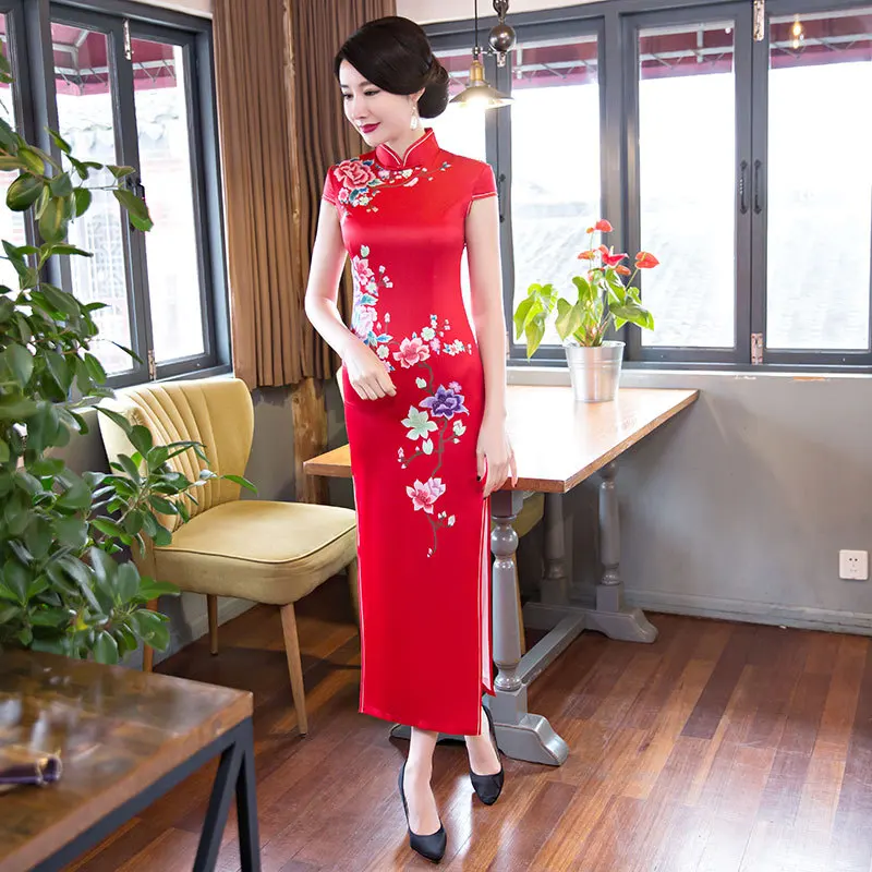 

Yourqipao Summer Red Long Cheongsam Dignified Elegant Catwalk Show Qipao Chinese Traditional Style Evening Dress for Women Party