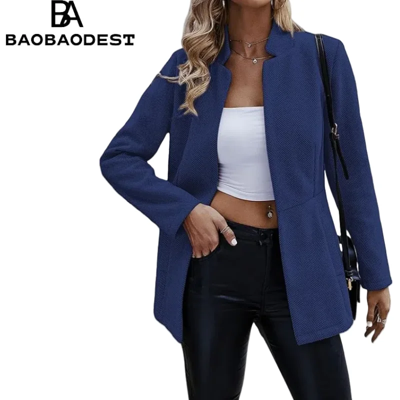 

Women's Open Front Elegant Blazer Long Sleeve Stand-Up Collar Warm Long Jacket Coat Business Tweed Suit Jacket
