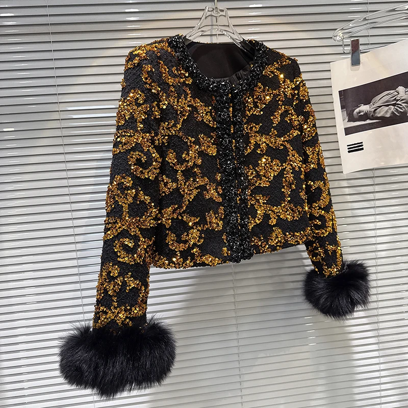 2025 Winter New Gold Bead Embroidered Nail Beaded Down Lining Jacket Women's High end Light Luxury Color Blocking Coat