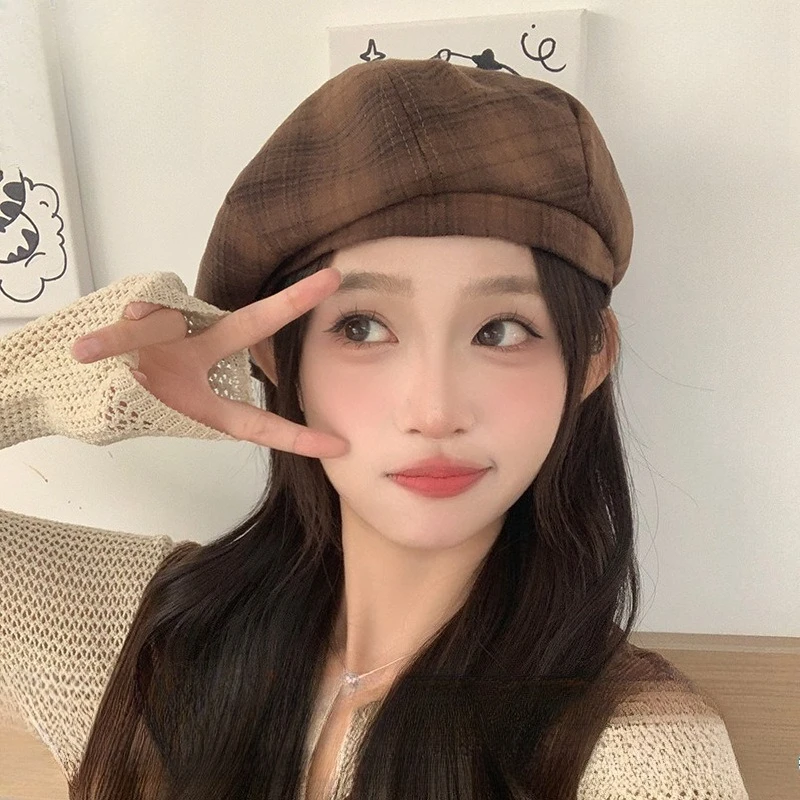 New Small Fresh Polished Plaid Beret Girls Trendy Fashion Painter Hat Korean Literary and Artistic Face Small Newsboy Hat