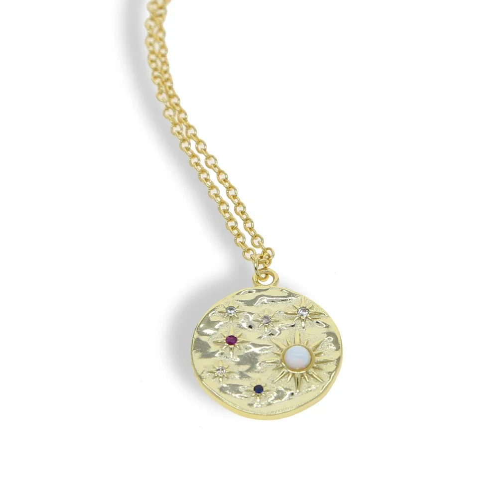 

New Geometric Round Coin Pendant Hammered Piece Opal CZ North Star Pendnat Charm Necklace Jewelry Christmas Gift for Girlfriend