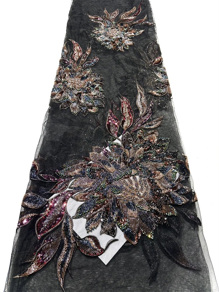

2026 High Quality Handmade Beaded Sequins Floral Embroidered Tulle Lace Fabric African Mesh For Wedding Dress Sewing 5 Yards