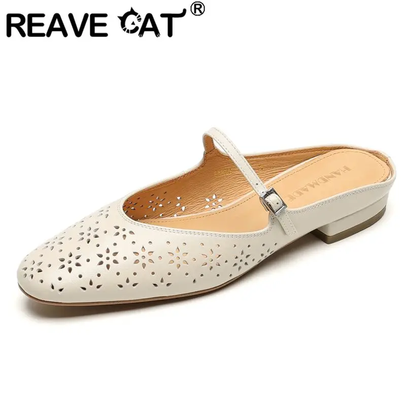

Брендовые сандалии REAVE CAT из натуральной кожи, складные женские сандалии на плоской подошве с круглым носком, без шнуровки с пряжкой на ремне, дышащая мягкая повседневная обувь 33-40