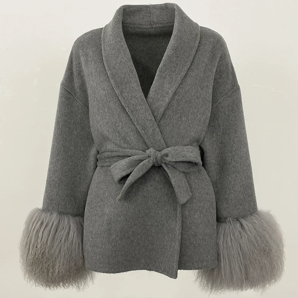 معطف 2025 معطف صوف من فرو الثعلب معطف صوفي مرقع جميل من الفرو المنغولي للنساء سترة صوف للخريف والشتاء معطف بارد للنساء