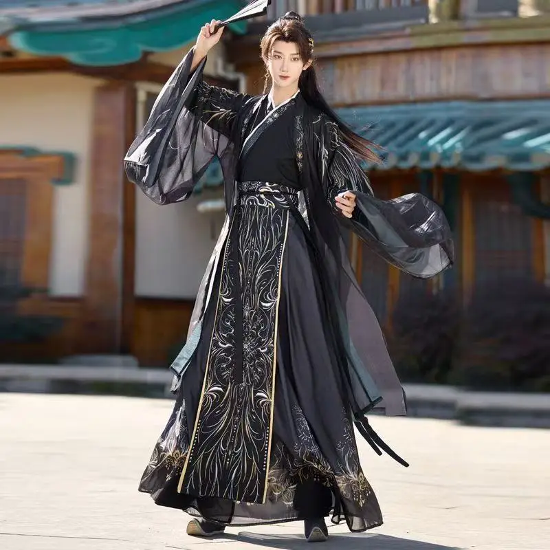 

Men's Ancient Fairy Warrior Hanfu Dress Set Traditional Weijin Period Cross Collar Costume Niche Dark Black Hero Taoist Robe