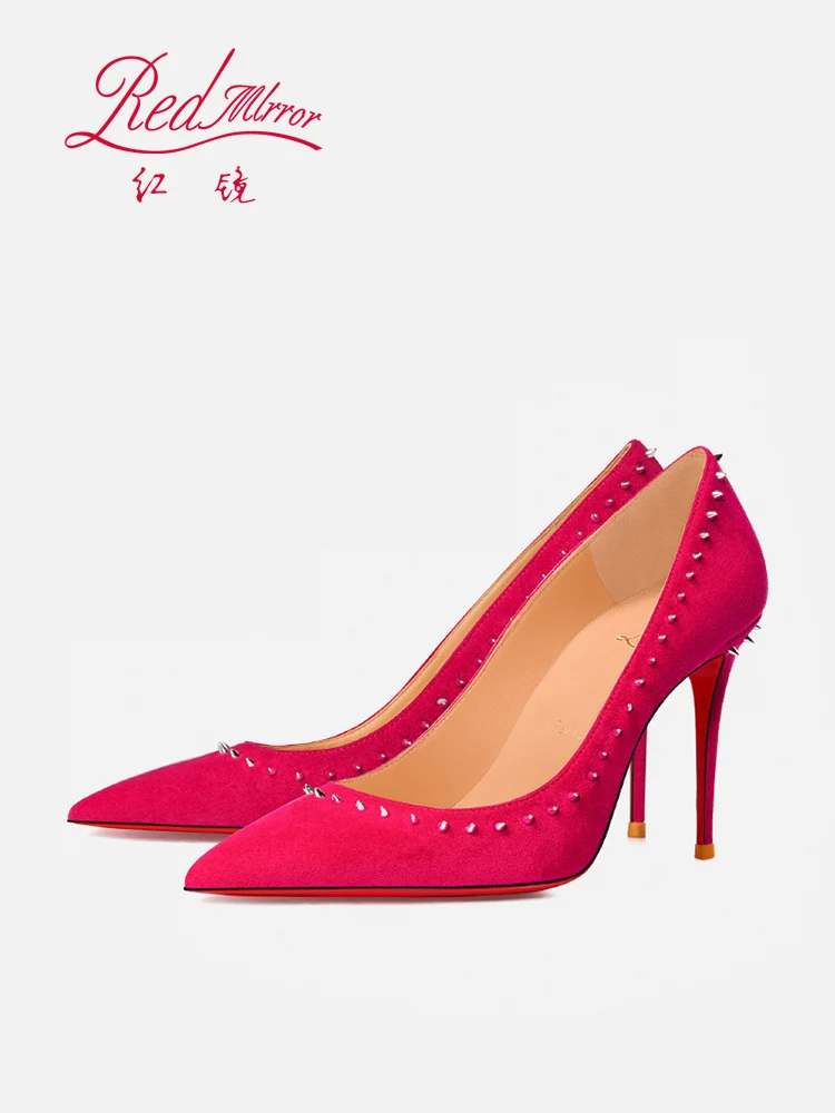 

Red mirror 2025 new red bottom shallow mouth French niche rose red suede fine heel sheepskin pointed rivet high heels