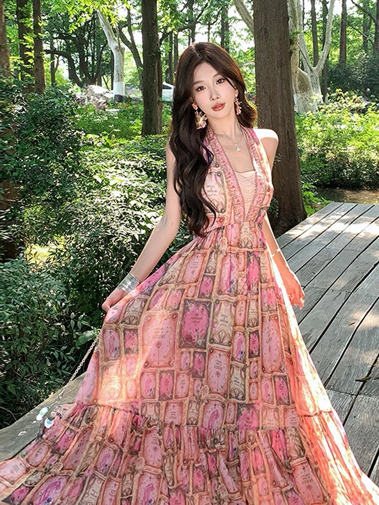 프랑스 스타일 우아한 연회 긴 드레스 섹시한 홀터넥 백리스 꽃 프린트 드레스 여름 해변 휴가 민소매 슬림 롱 드레스