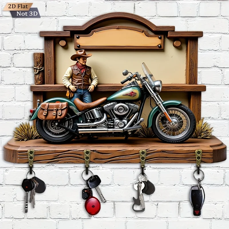 2D Flat. 1pc. Western Cowboy Motorcycle-shaped Key Hook - Wooden Multifunctional Decorative Key Rack, with four metal hooks,