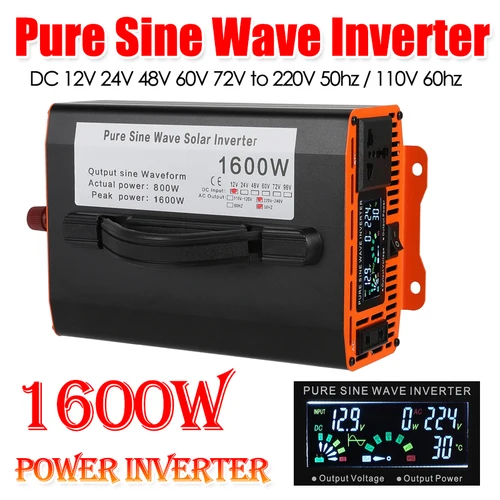純粋な正弦波インバーター1600W, 12 V, 24 V, 48V〜220V, 110V,LEDディスプレイ付き