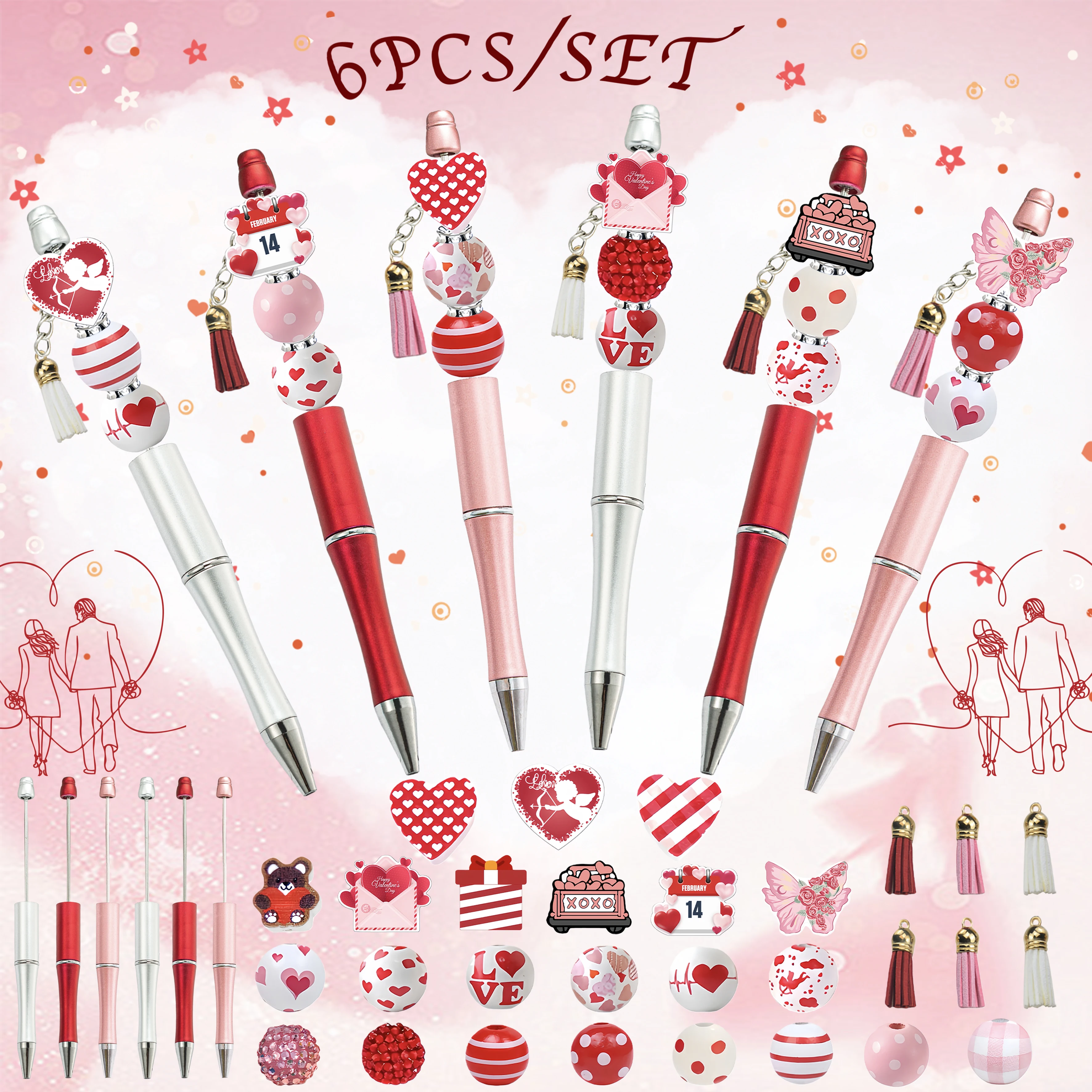 

6PCS Valentine's Day DIY Bead Pen and Love Envelope Cupid Calendar Bear Bead Tassel Set, Office and Learning Supplies，DIY Gift