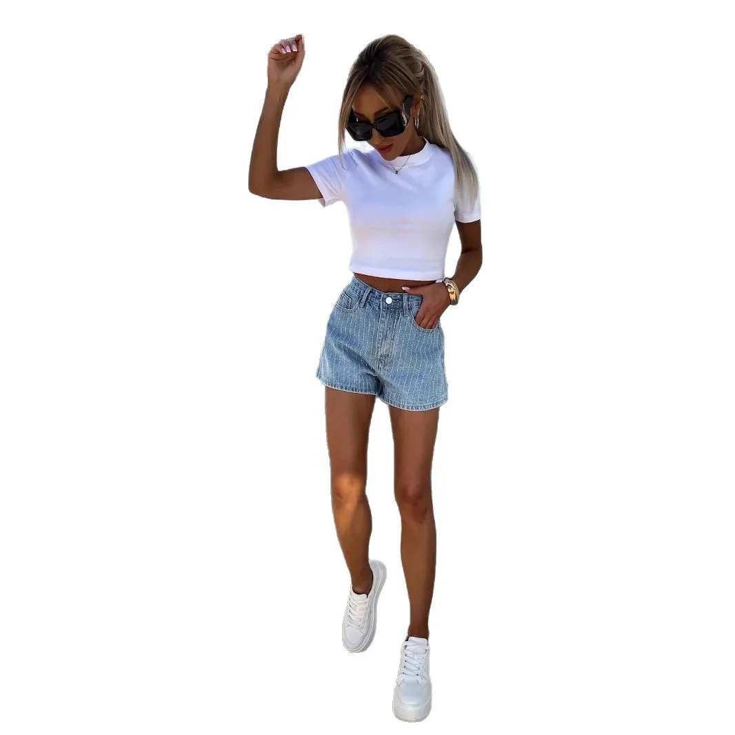 Modne, uliczne, letnie, zdobione diamentami damskie spodnie jeansowe z prostymi nogawkami, wysoki stan, zapinane na zamek, codzienne.