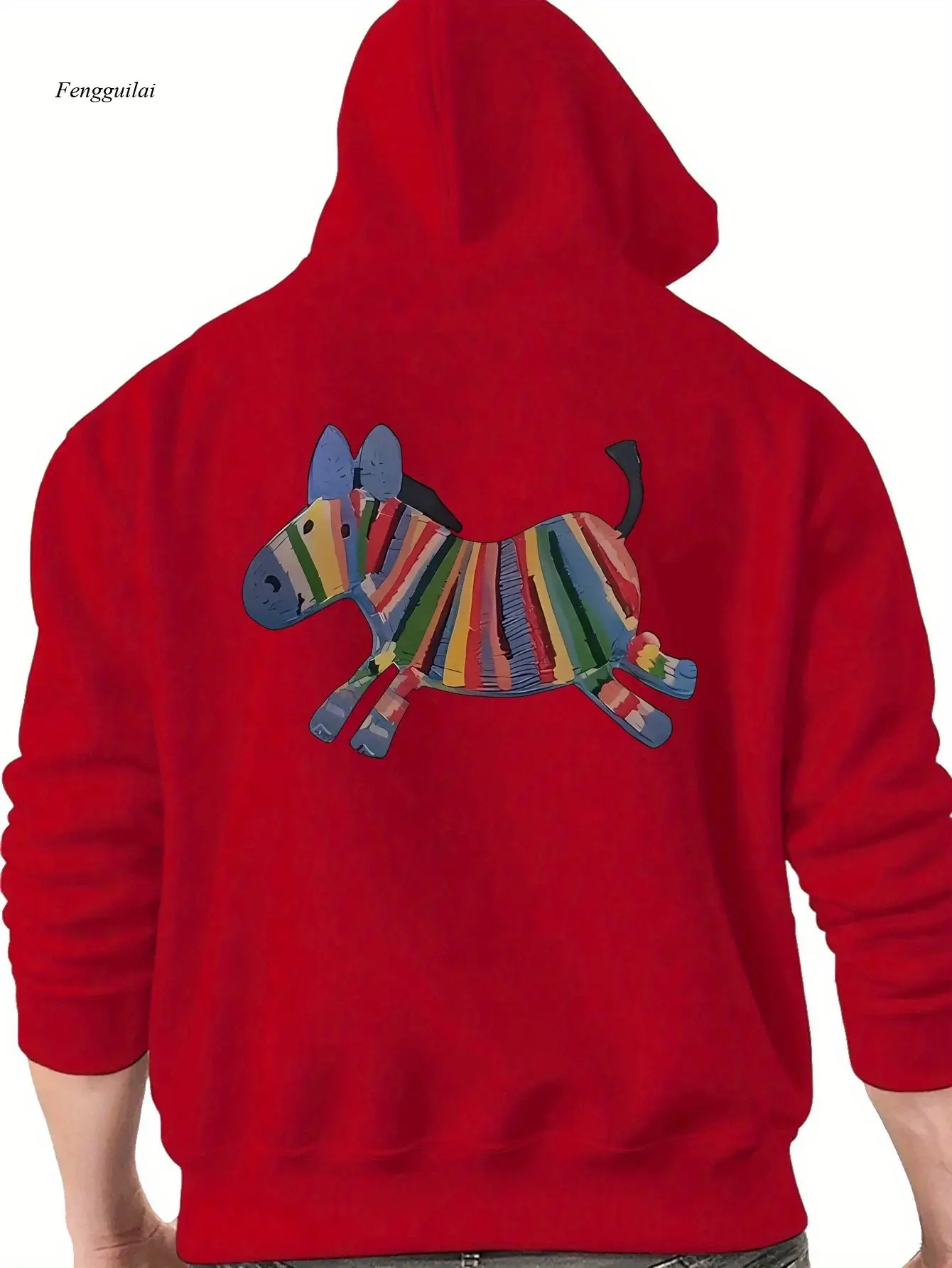 다채로운 당나귀 프린트 후디 - 생동감 넘치는 줄무늬 디자인의 트렌디한 레드 드로스트링 스웨트셔츠