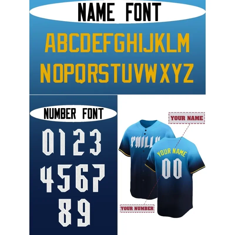 Camiseta de béisbol bordada con nombre y número personalizados para hombre, camisas con botones de manga corta personalizadas con gradiente de Filadelfia