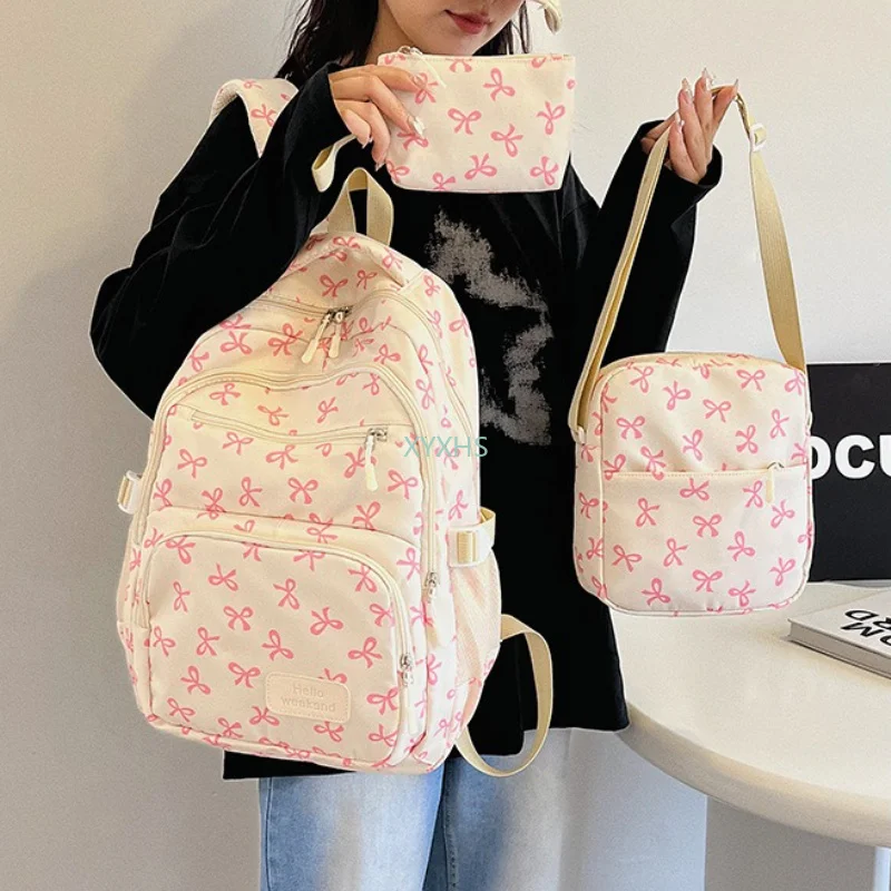3-teiliges Set Koreanischer Mode-Rucksack mit Schleifendruck für Damen, Leichter Einfacher Schulrucksack für Studenten, Verstellbarer Riemen, Reiserucksack