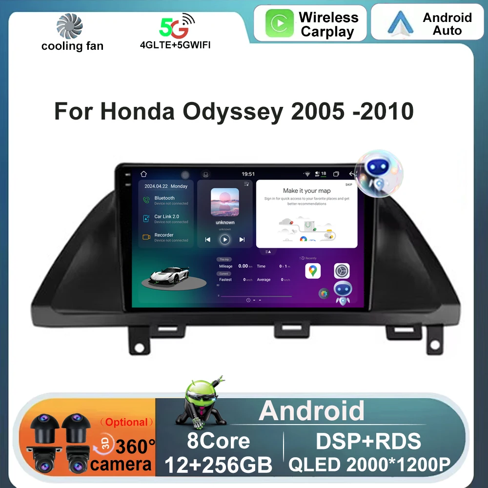 For Honda Odyssey 2005 -2010 Radio Multimedia Video Android Auto Player QLED Screen 2 Din Stereo GPS Navigation Carplay WIFI 4G