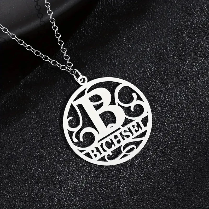 Custom Name Pendant Necklace Circular Wreath Family Initials English Name Necklace Stainless Steel Jewelry Gift For Man  Women