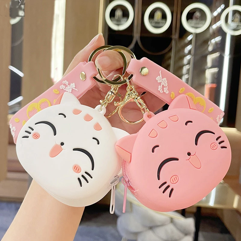 

Cute Cartoon Cat Silicone Coin Purse with Keyring Kawaii Kids Coin Bag Portable Data Cable Earphone Organizer Coin Key Pouch