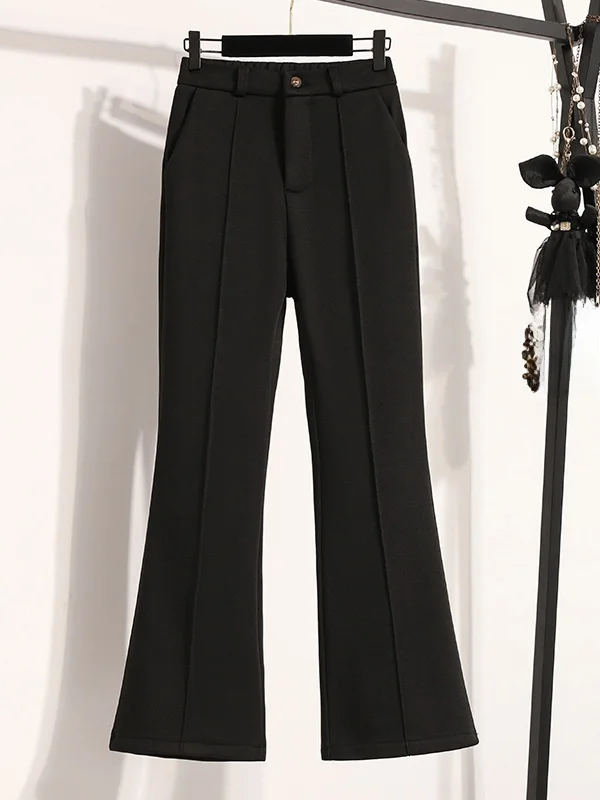 

Black Fleece Lined Flared Pants Women's plus Size Commute Casual Versatile Trousers Korean Style High Waist Polyester Fiber