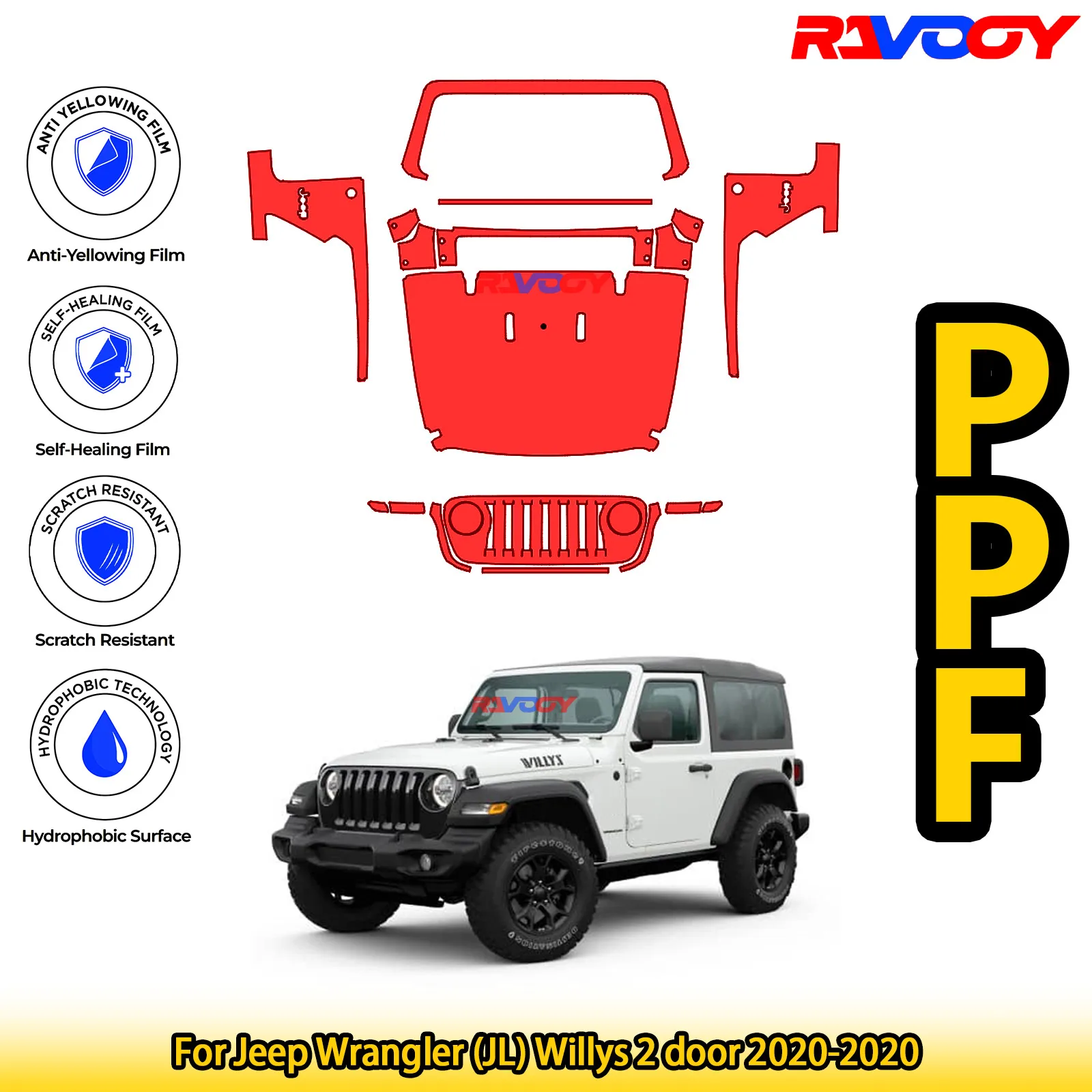 

For Jeep Wrangler (JL) Willys 2 door 2020-2020 Glossy Matte Black Precut front PPF Kit Paint Protection Film