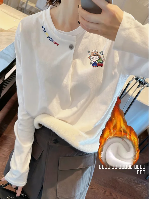 Sudadera con Capucha Forrada de Piel Sintética Plateada Estilo Coreano para Mujer, Cuello Redondo, Estampado de Dibujos Animados, Ropa Interior Cálida, Top Moderno