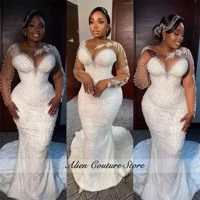 African White Mermaid Wedding Dresses Pearls Beading Long Sleeve Shiny Lace-Up Corset Bridal Gowns Detachable Train Customized