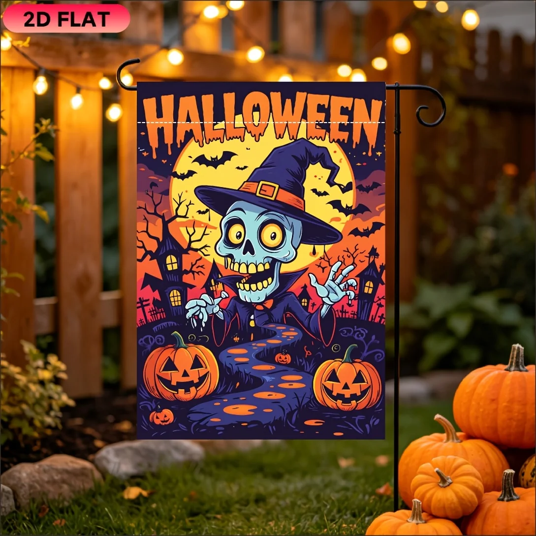 2D Flat Garden Flag 1 Piece, Full Moon Skull Wizard Halloween Garden Flag, Halloween Celebration Flag, Durable Polyester Material, Very Suitable for Garden, Lawn, Courtyard, Home, Outdoor, Beach Decoration Flags, Halloween Celebration Decoration Flags