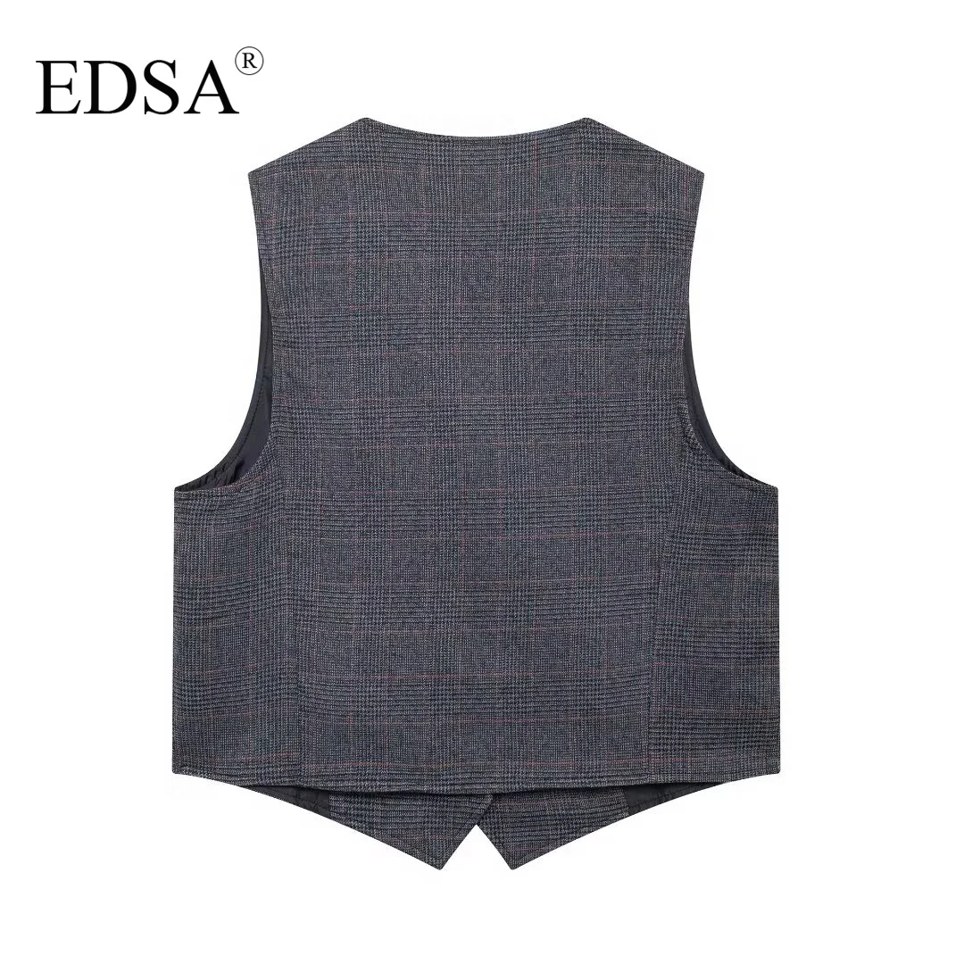 EDSA Women Grey Plaid Shorts Set 2 Pcs Sleeveless V-Neck Single Breasted Vest & Shorts Skirt for Female Streetwear