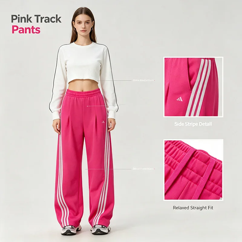 Adidas Pink Track Pants Women Side Stripe Soft Fabric Relaxed Straight Fit Casual Active Sport Pants Ks0036