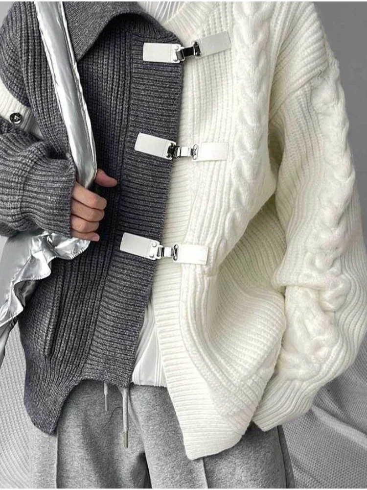 Men's Autumn Spring Patchwork Color Block Cardigan Sweater Stylish Cool Loose Fit Trendy High Street Knitwear Jacket