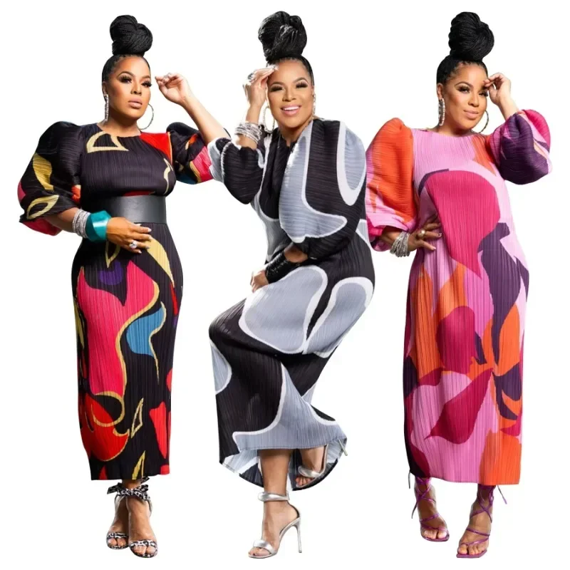 Mulheres elegantes plissadas meia lanterna manga o pescoço magro maxi vestido longo impressão moda outono 2025 vestidos ruched