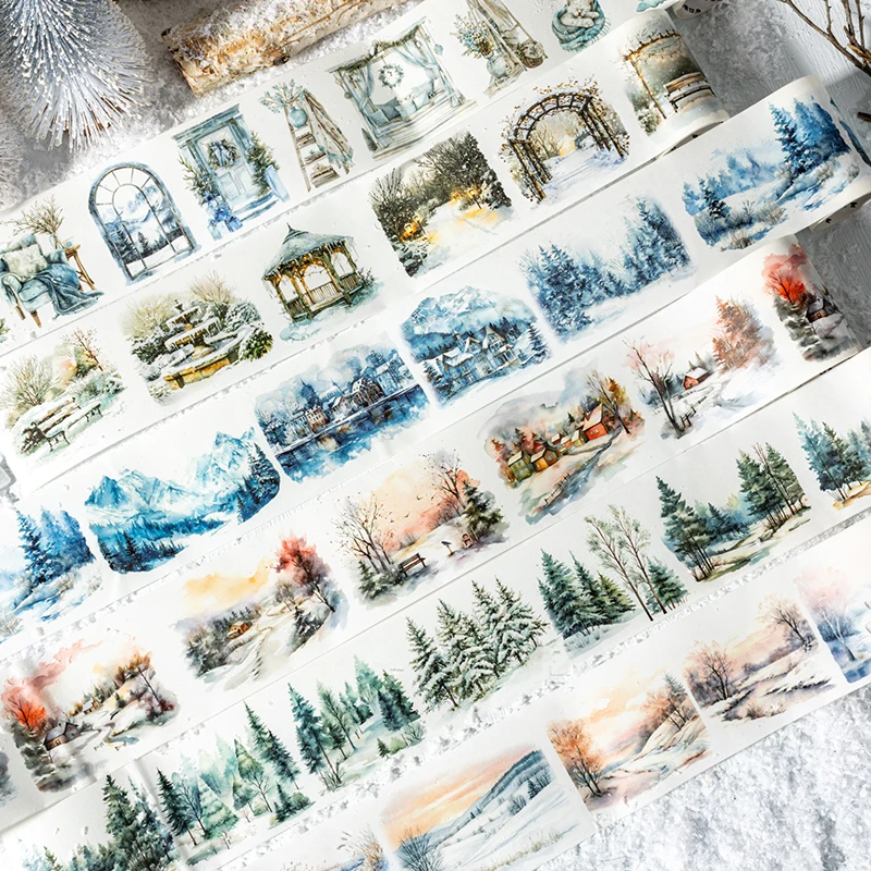 Journal GO 6x200cm Winter Vintage Snow Tree Building Landscaping PET Tape Creative DIY Journal Material Collage Masking Tape