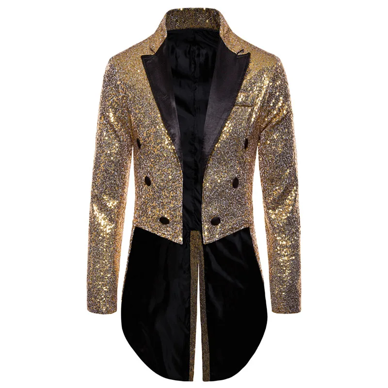 Shiny Gold Sequins Glitter Men\'s Tailcoat Suit Jacket Male Double Breasted Wedding Groom Tuxedo Men\'s Blazer Stage Party Costume