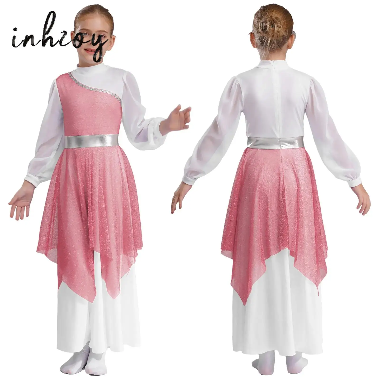 

Kids Girls Liturgical Praise Dance Dress Long Sleeve Irregular Ballet Lyrical Worship Dance Performance Costume Dancewear