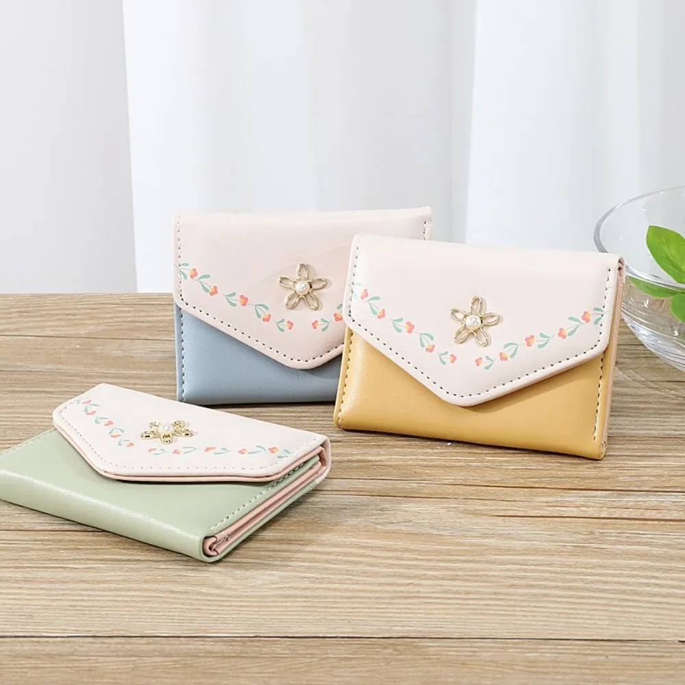 Fashion PU Envelope Wallet Soft Flower Button Floral Print Card Wallet Multi-card Slot Pretty Card Holder Daily