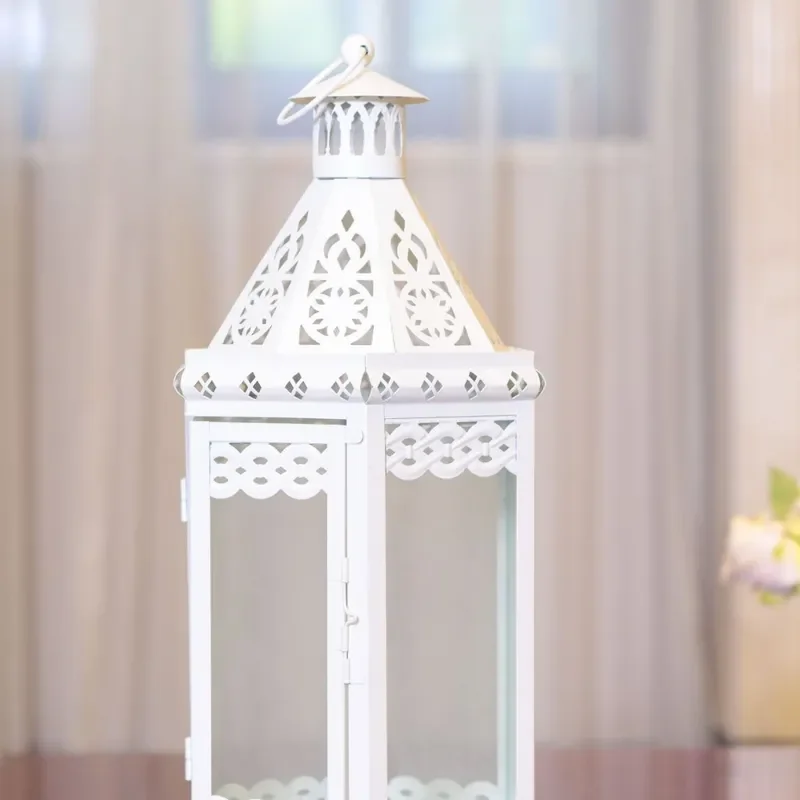 White Windproof Candlestick Lantern Romantic Wedding Centerpiece Camping Decor Ornament Light Holder for Party Table