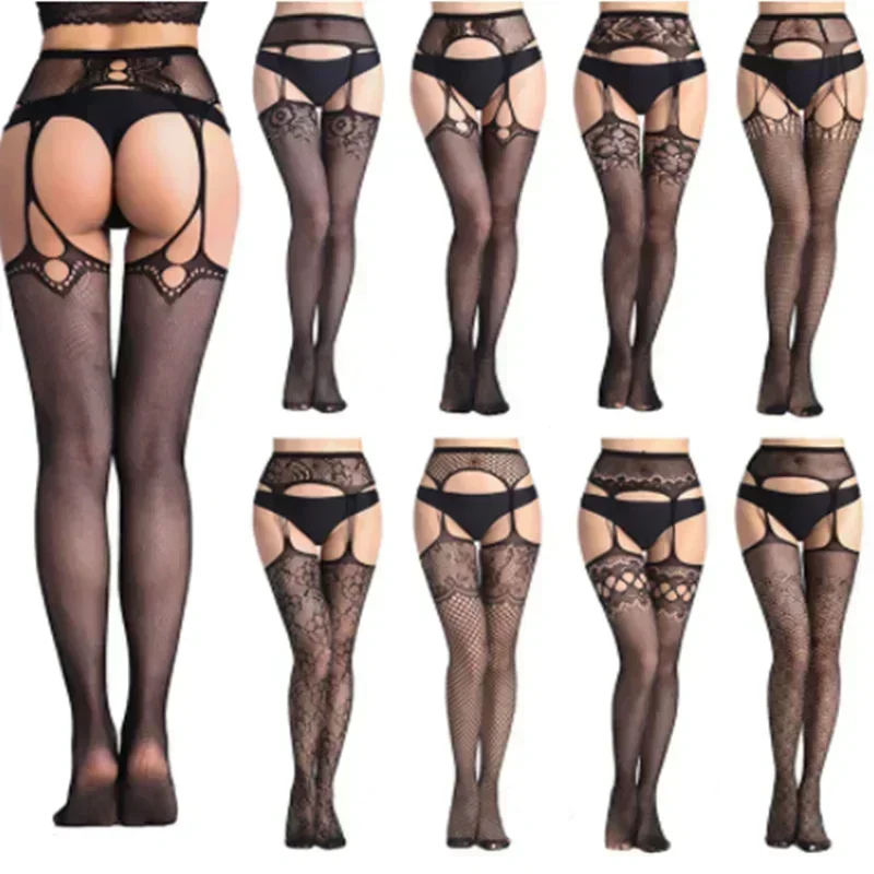 

2025 Women Black Stockings with Belt Set High Fishnet Tights Erotic Lingerie Sexy Pantyhose Floral Print Long Mesh Lace Stocking