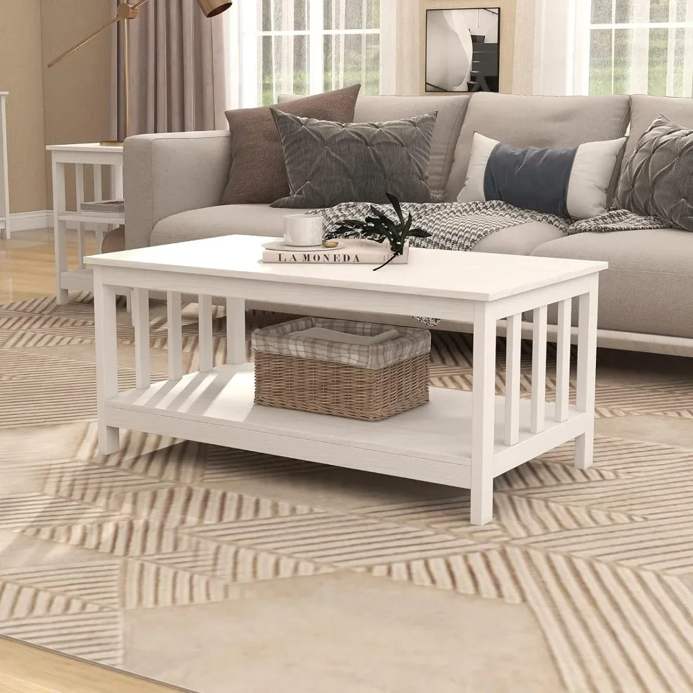 Farmhouse Coffee Table, Pure White Living Room Table with Shelf, 40 Inch, spacious surface, easy to assembly free shipping